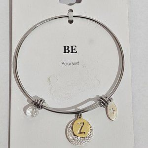 Unwritten Pave and Initial Disc Bangle Bracelet in Stainless Steel and Silver